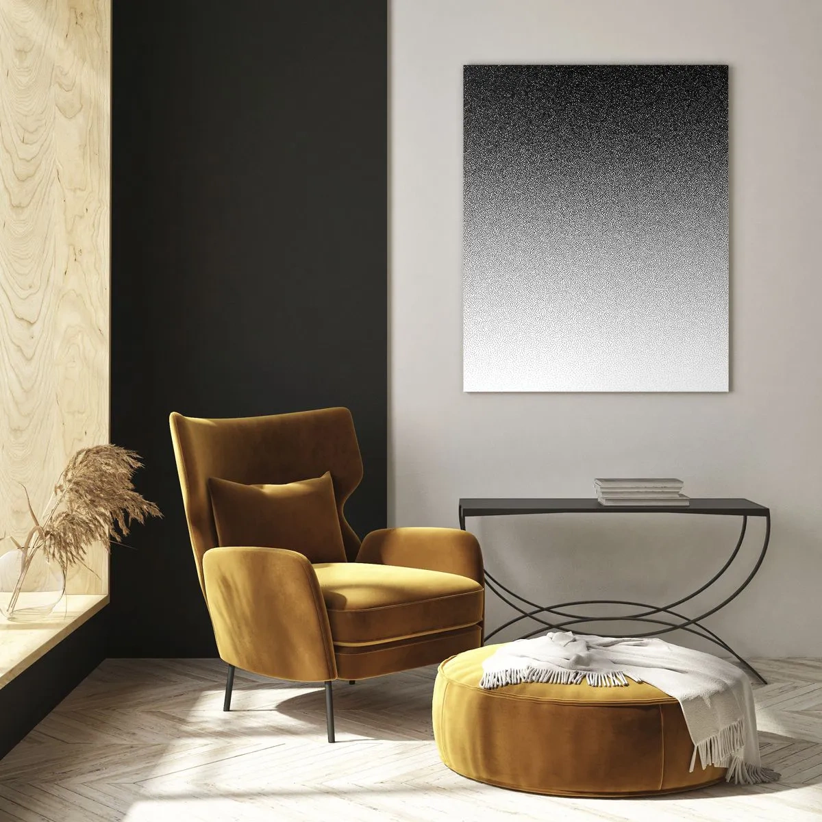 Glasbild - Bild auf glas - Minimalistischer Schwarz-Weiß-Farbverlauf im Punkt - 70x100cm - Dem Licht entgegen - Moderne Wanddekoration für Wohnzimmer und Schlafzimmer ARTTOR