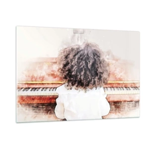Glasbild - Bild auf glas - Ein Kind mit lockigem Haar spielt Klavier - 120x80cm - In der neuen Welt - Moderne Wanddekoration für Wohnzimmer und Schlafzimmer ARTTOR