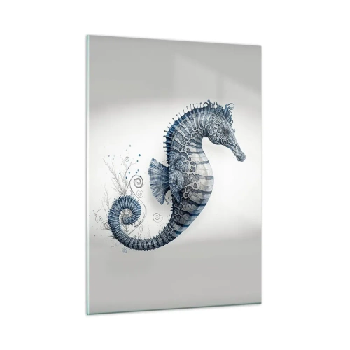Glasbild - Bild auf glas - Blaues Seepferdchen auf hellem Hintergrund im Zeichenstil - 50x70cm - Subtiler Witz der Natur - Moderne Wanddekoration für Wohnzimmer und Schlafzimmer ARTTOR