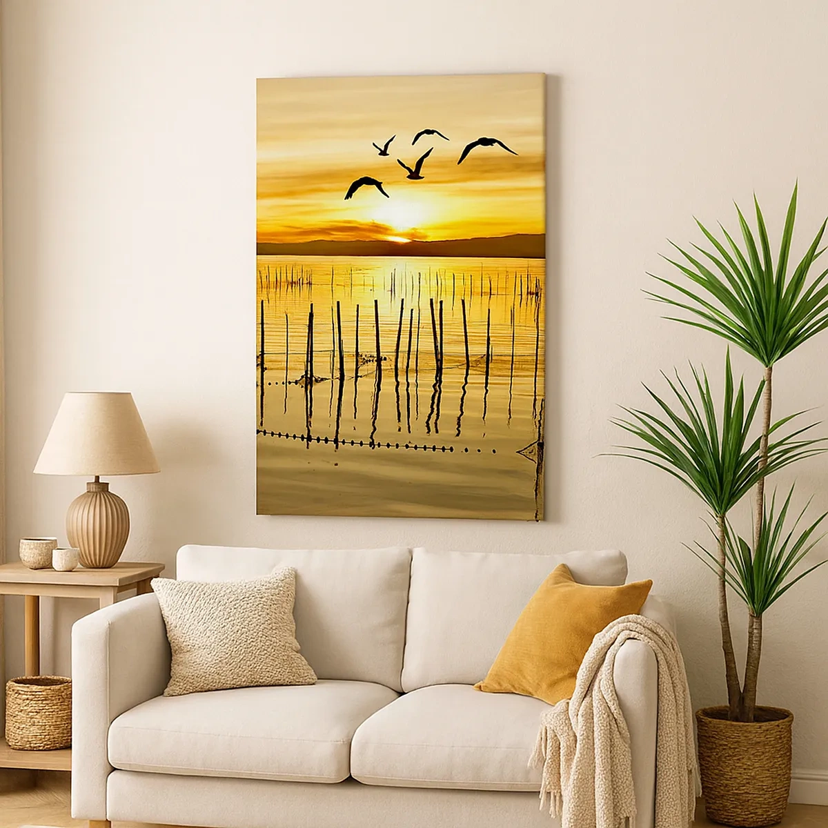 Bild auf Leinwand - Leinwandbild - Sonnenuntergang über dem Wasser mit Vögeln im Flug - 50x70cm - In der Fischerei - Moderne Wanddekoration für Wohnzimmer und Schlafzimmer ARTTOR