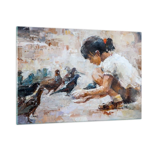Glasbild - Bild auf glas - Ein Mädchen, das Vögel füttert, vor einem impressionistischen Hintergrund - 120x80cm - Die Kleinen und die Schönsten - Moderne Wanddekoration für Wohnzimmer und Schlafzimmer ARTTOR