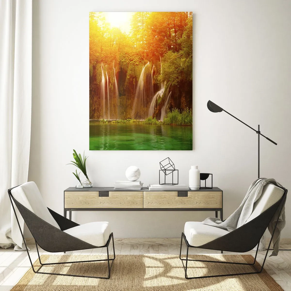 Glasbild - Bild auf glas - Wasserfälle in einem sonnigen Wald mit türkisfarbenem Wasser - 50x70cm - In der Sonne und im Schatten - Moderne Wanddekoration für Wohnzimmer und Schlafzimmer ARTTOR