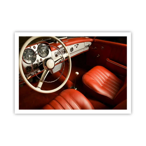 Poster - Oldtimer-Innenraum mit roten Ledersitzen - 100x70cm - Luxus im Vintagestil - Moderne Wanddekoration für Wohnzimmer und Schlafzimmer ARTTOR