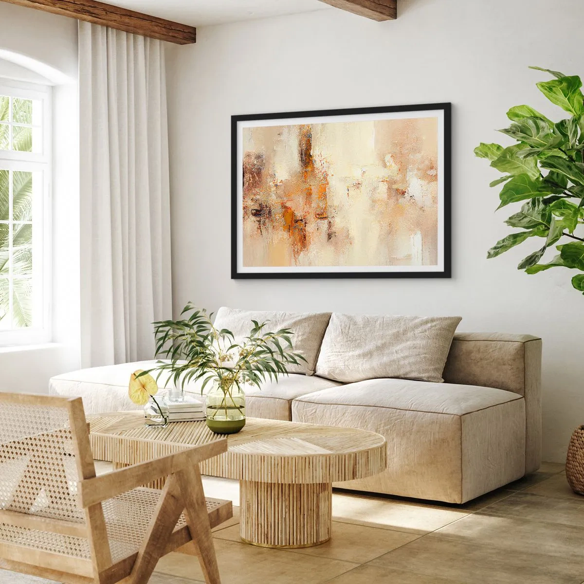 Poster in einem schwarzem Rahmen - Eine abstrakte Komposition in warmen Gelb- und Brauntönen. - 100x70cm - Seele aus Bernstein - Moderne Wanddekoration für Wohnzimmer und Schlafzimmer ARTTOR