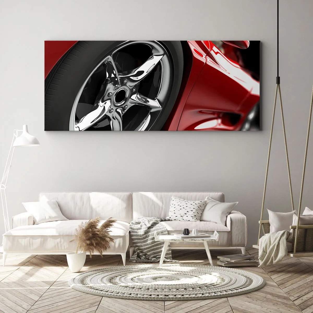 Bild auf Leinwand - Leinwandbild - Roter Sportwagen mit Chromfelge - 120x50cm - Für Schnelligkeit gebaut - Moderne Wanddekoration für Wohnzimmer und Schlafzimmer ARTTOR