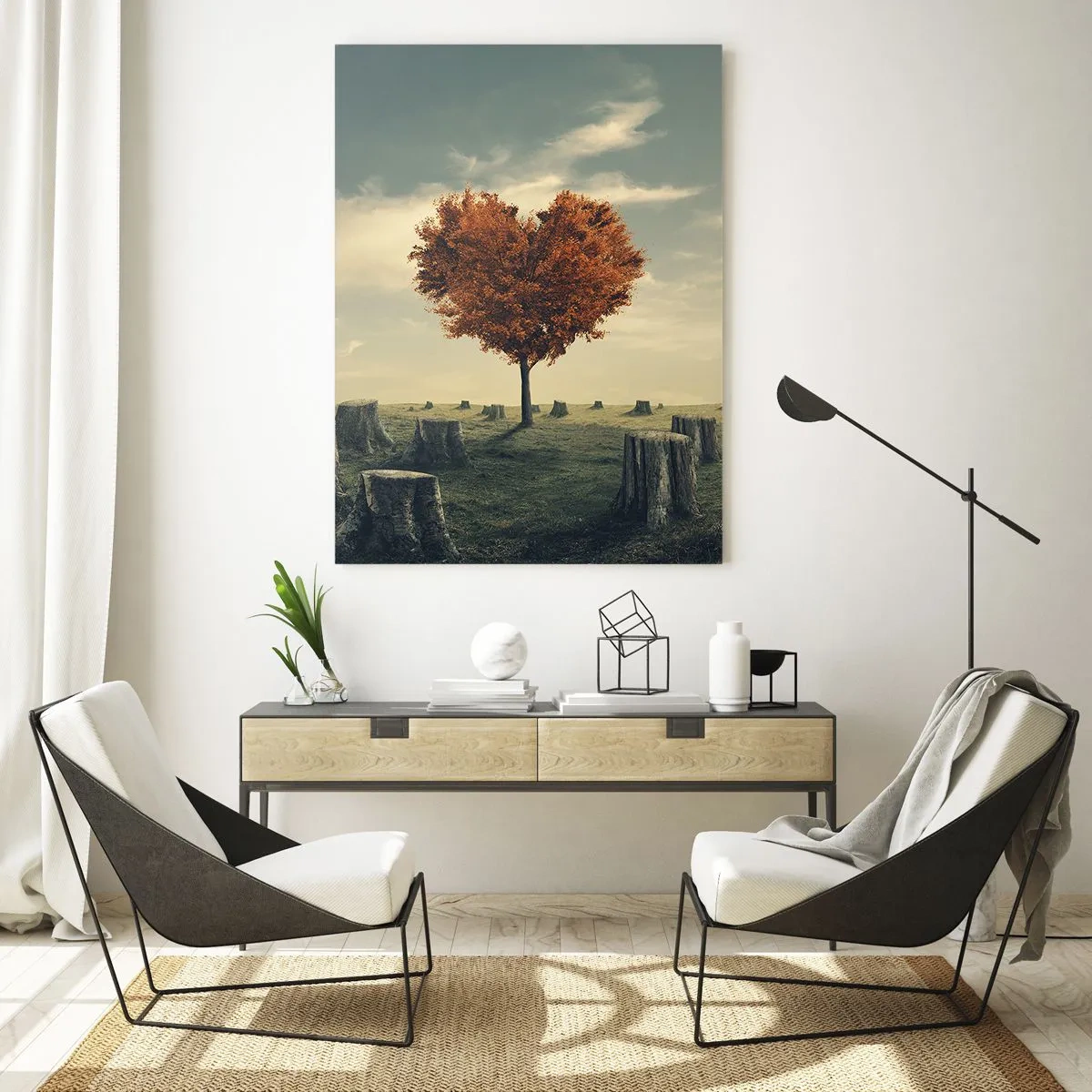 Glasbild - Bild auf glas - Ein herzförmiger Baum in einem Feld aus Baumstümpfen, ein Symbol der Hoffnung - 80x120cm - Es gibt noch Hoffnung - Moderne Wanddekoration für Wohnzimmer und Schlafzimmer ARTTOR