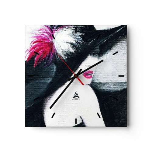Wanduhr - Glasuhr - Stilvolle Frau mit Federhut - 30x30cm - Immer ein Geheimnis - Moderne Wanddekoration für Wohnzimmer und Schlafzimmer ARTTOR