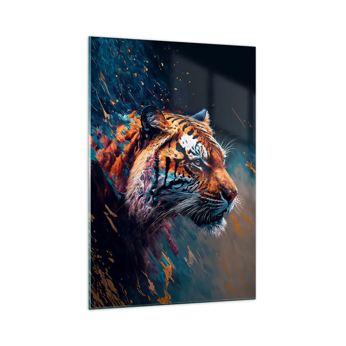 Glasbild - Bild auf glas - Portrait eines Tigers in dynamischen, abstrakten Farben - 70x100cm - Wilde Schönheit - Moderne Wanddekoration für Wohnzimmer und Schlafzimmer ARTTOR