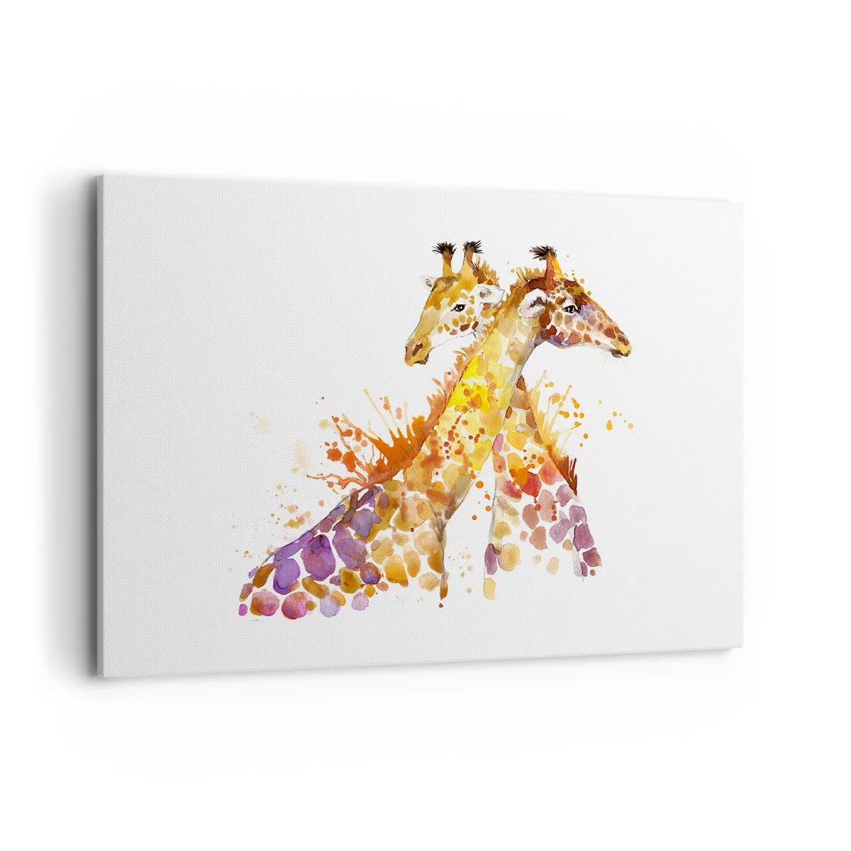 Bild auf Leinwand - Leinwandbild - Aquarell Giraffen in bunten Farbtönen - 100x70cm - Ist es Freundschaft oder ist es Baby? - Moderne Wanddekoration für Wohnzimmer und Schlafzimmer ARTTOR