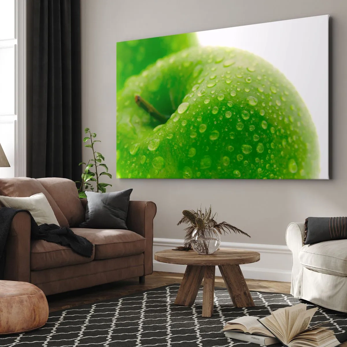 Bild auf Leinwand - Leinwandbild - Nahaufnahme eines grünen Apfels mit Wassertropfen - 100x70cm - Grüne kühle Frische - Moderne Wanddekoration für Wohnzimmer und Schlafzimmer ARTTOR