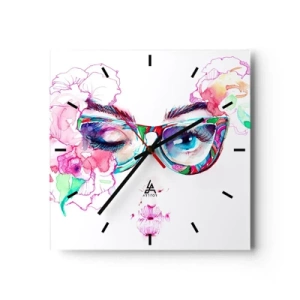 Wanduhr - Glasuhr - Aquarellgesicht mit bunten Gläsern und Blumen - 30x30cm - Ein verlockendes Versprechen - Moderne Wanddekoration für Wohnzimmer und Schlafzimmer ARTTOR