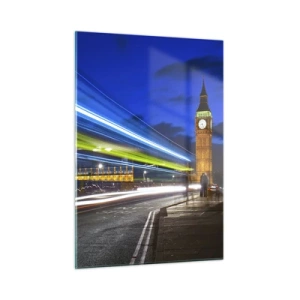 Glasbild - Bild auf glas - Big Ben bei Nacht mit verschwommenen Autolichtern - 50x70cm - Unter den wachsamen Augen von Big Ben - Moderne Wanddekoration für Wohnzimmer und Schlafzimmer ARTTOR