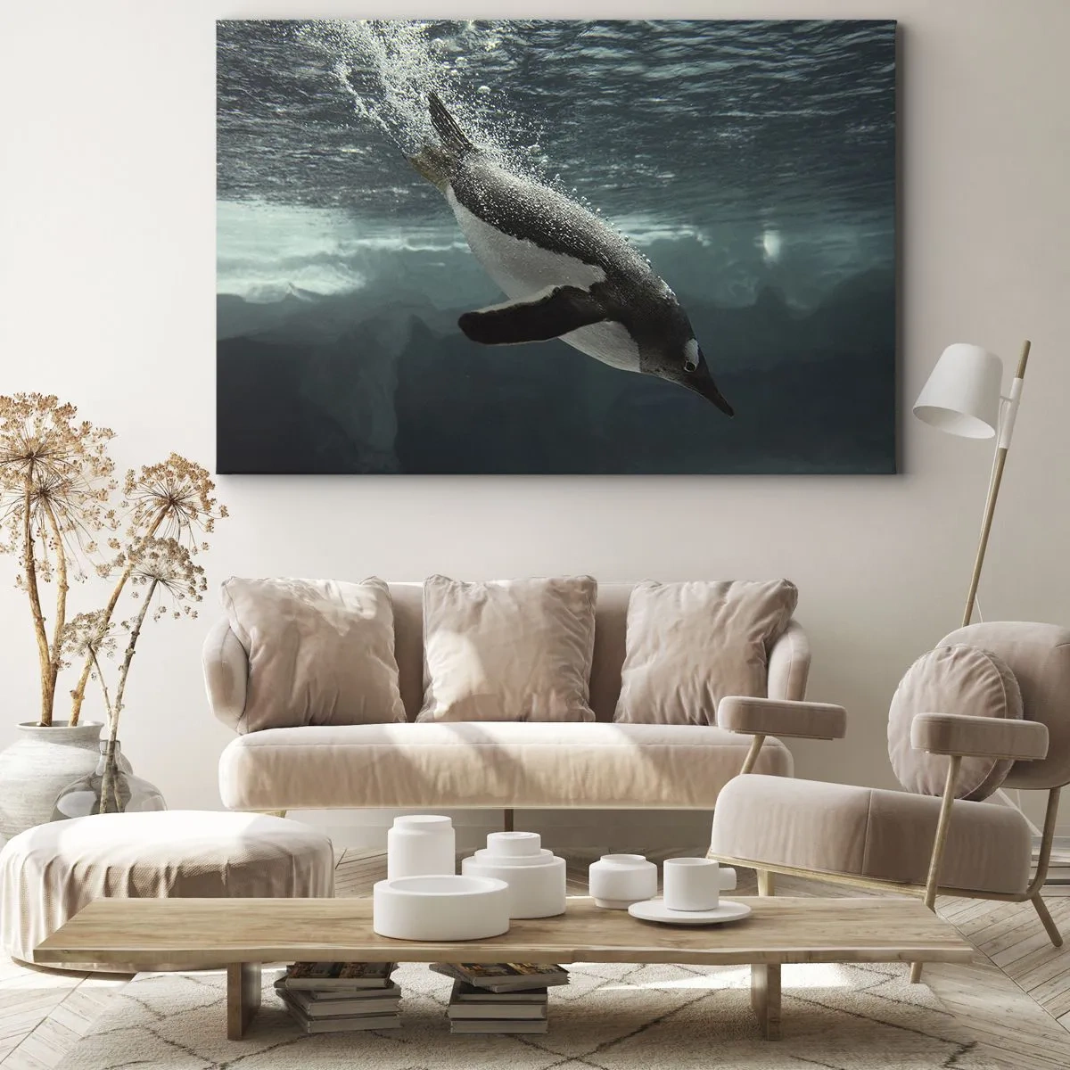Bild auf Leinwand - Leinwandbild - Ein Pinguin taucht in die Tiefen des eisigen Wassers - 70x50cm - Willkommen in meiner Welt - Moderne Wanddekoration für Wohnzimmer und Schlafzimmer ARTTOR