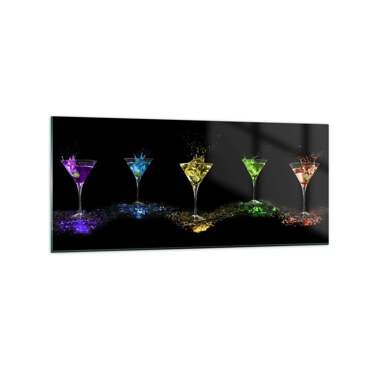 Glasbild - Bild auf glas - Bunte Cocktails in Gläsern auf schwarzem Hintergrund - 120x50cm - Farben der Freude in Kristallglas - Moderne Wanddekoration für Wohnzimmer und Schlafzimmer ARTTOR