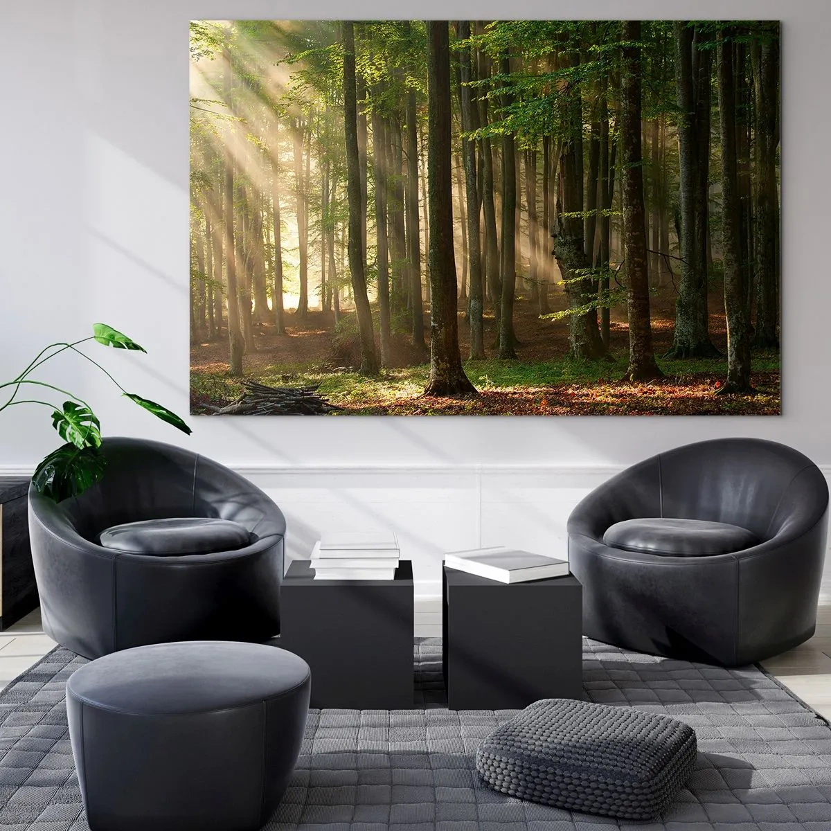 Glasbild - Bild auf glas - Sonnenstrahlen scheinen durch die Bäume im Wald - 120x80cm - Strahlend an einem Frühlingsmorgen - Moderne Wanddekoration für Wohnzimmer und Schlafzimmer ARTTOR