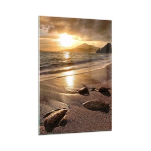 Glasbild - Bild auf glas - Strand bei Sonnenuntergang mit Steinen am Ufer - 80x120cm - Folge der Sonne zu den Hügeln - Moderne Wanddekoration für Wohnzimmer und Schlafzimmer ARTTOR