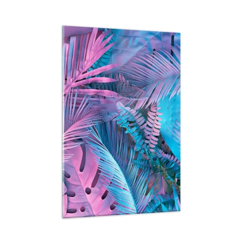 Glasbild - Bild auf glas - Tropische Blätter in Rosa- und Blautönen - 80x120cm - Tropen in Rosa und Blau - Moderne Wanddekoration für Wohnzimmer und Schlafzimmer ARTTOR