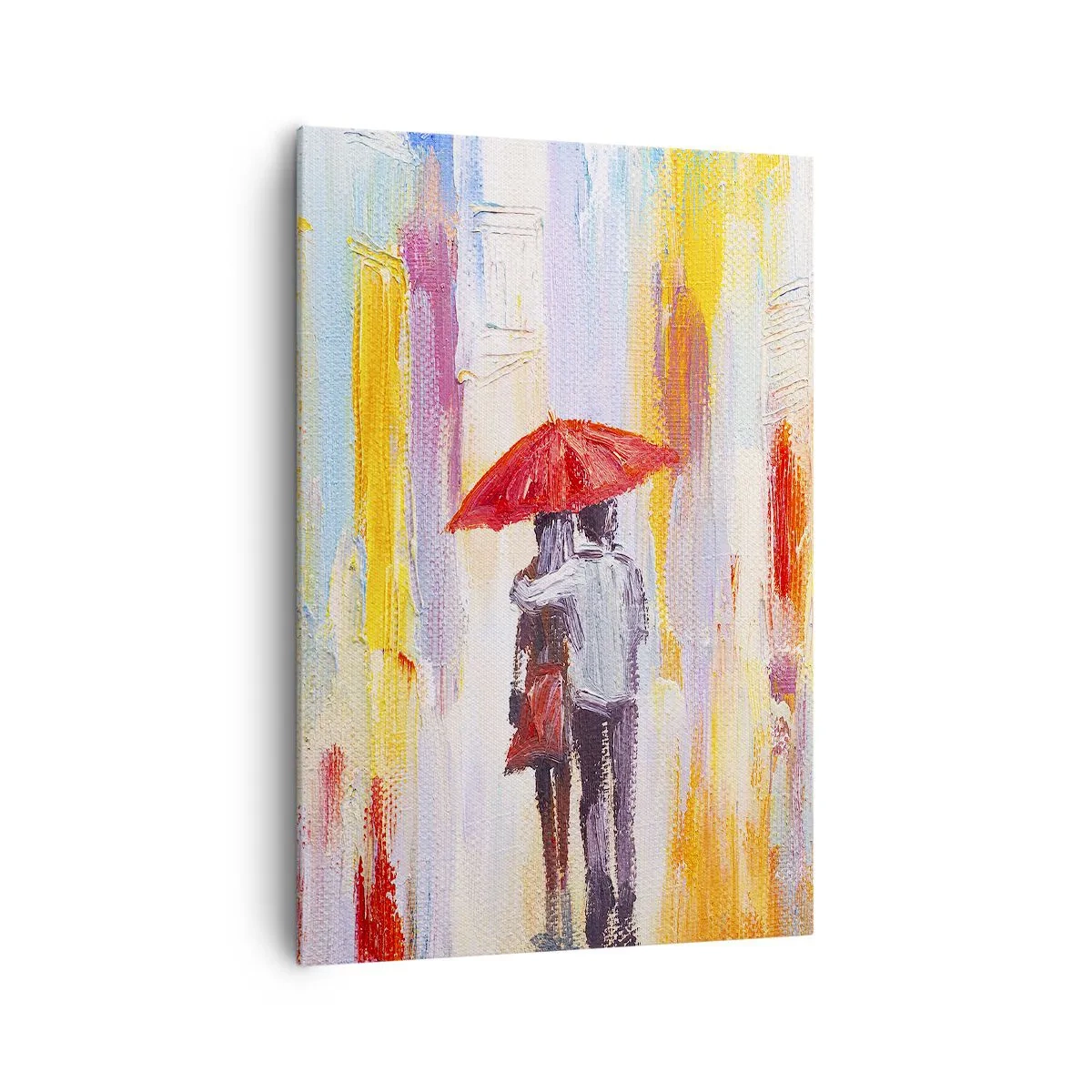 Bild auf Leinwand - Leinwandbild - Ein Paar unter einem roten Regenschirm mit bunten Gebäuden im Hintergrund. - 70x100cm - Lass es weiter regnen - Moderne Wanddekoration für Wohnzimmer und Schlafzimmer ARTTOR