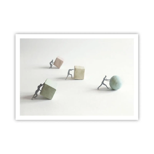 Poster - Miniaturfiguren, die Formen vor einem hellen Hintergrund schieben - 100x70cm - Pures Leben - Moderne Wanddekoration für Wohnzimmer und Schlafzimmer ARTTOR