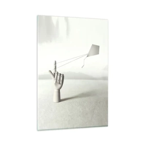 Glasbild - Bild auf glas - Eine minimalistische Holzhand mit einem Drachen vor einem Landschaftshintergrund. - 80x120cm - Kraftprobe - Moderne Wanddekoration für Wohnzimmer und Schlafzimmer ARTTOR