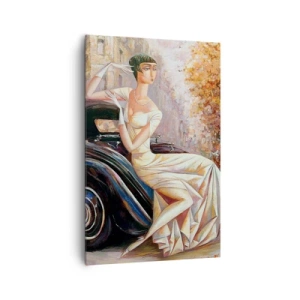 Bild auf Leinwand - Leinwandbild - Retro-Frau neben Oldtimer - 80x120cm - Eleganz im Retro-Stil - Moderne Wanddekoration für Wohnzimmer und Schlafzimmer ARTTOR