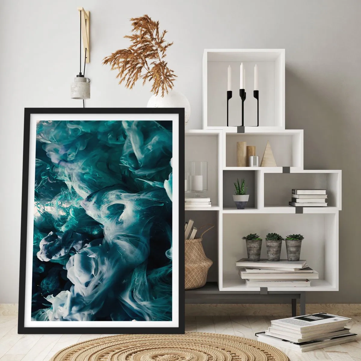 Poster in einem schwarzem Rahmen - Eine abstrakte Komposition aus wirbelnden Farben in Grün- und Blautönen. - 50x70cm - Farbbewegung - Moderne Wanddekoration für Wohnzimmer und Schlafzimmer ARTTOR