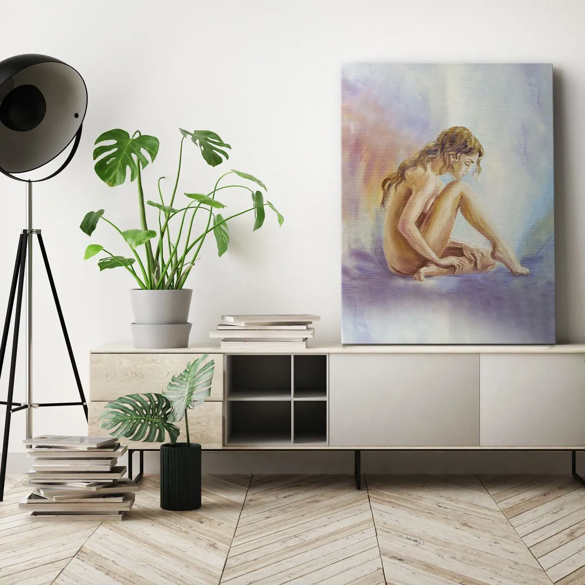 Bild auf Leinwand - Leinwandbild - Eine zarte Figur einer Frau auf einem pastellfarbenen Hintergrund - 70x100cm - Akt der Jugend - Moderne Wanddekoration für Wohnzimmer und Schlafzimmer ARTTOR