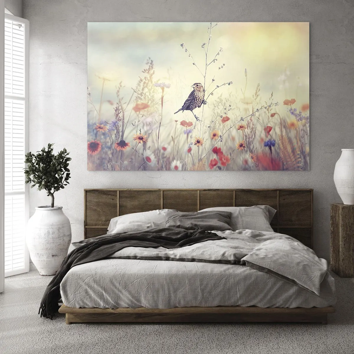 Glasbild - Bild auf glas - Ein Vogel auf einer Blumenwiese im Sonnenschein - 100x70cm - Vogelporträt mit einer Wiese im Hintergrund - Moderne Wanddekoration für Wohnzimmer und Schlafzimmer ARTTOR