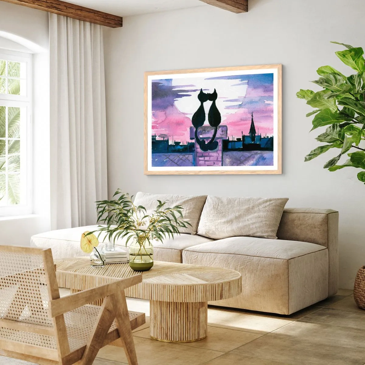 Poster in einem Rahmen aus heller Eiche - Rendez-vous unter dem Mond - 100x70 cm