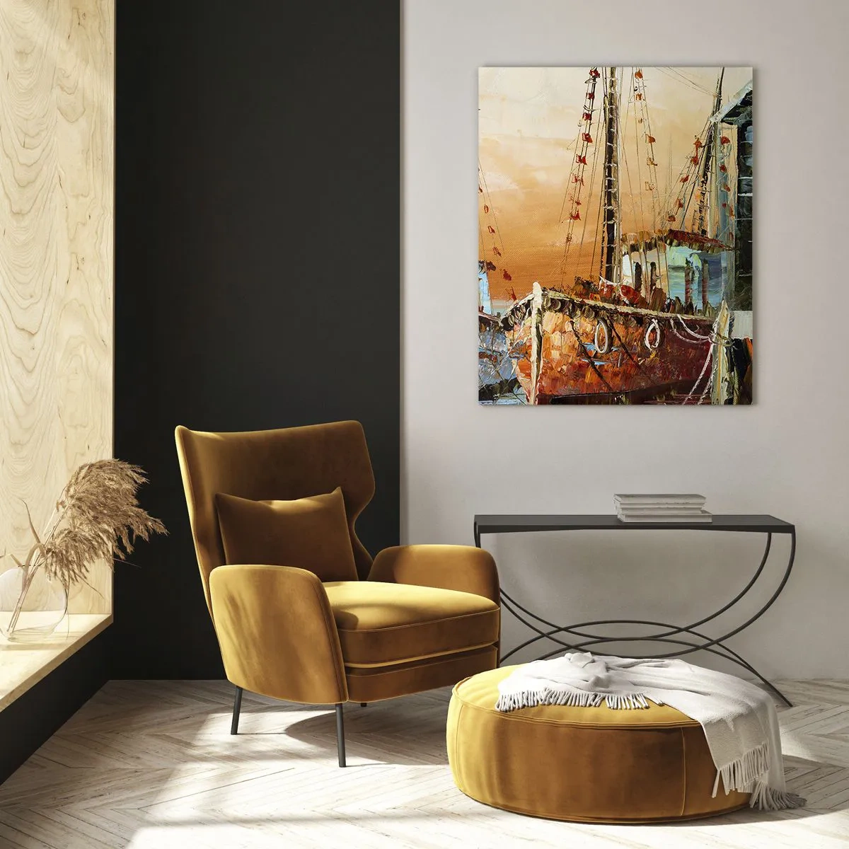 Glasbild - Bild auf glas - Boote am Ufer im warmen Licht des Sonnenuntergangs - 80x120cm - Friedliche Rückkehr - Moderne Wanddekoration für Wohnzimmer und Schlafzimmer ARTTOR