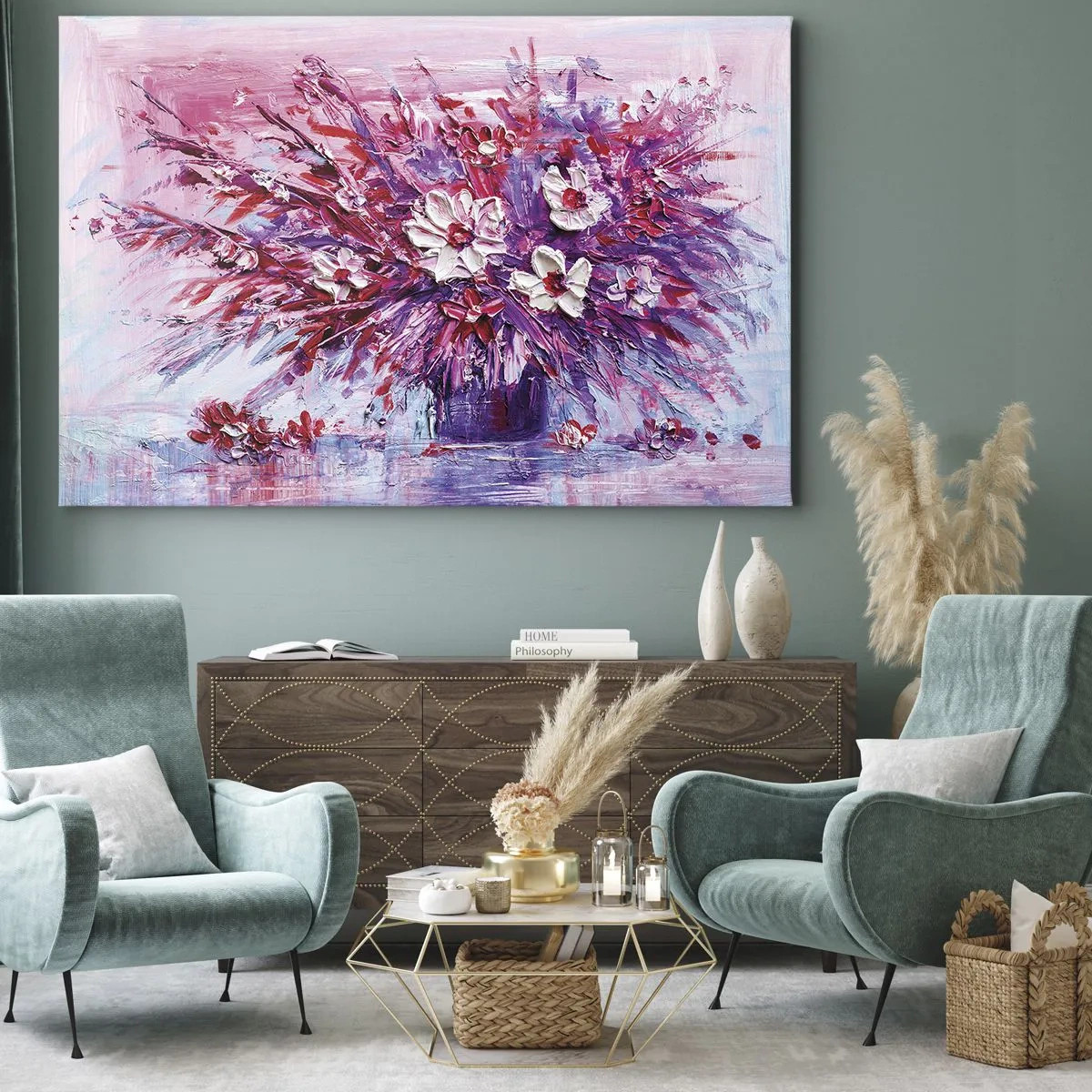 Bild auf Leinwand - Leinwandbild - Ein bunter Blumenstrauß in Rosa- und Lilatönen - 120x80cm - Unschuld und Leidenschaft - Moderne Wanddekoration für Wohnzimmer und Schlafzimmer ARTTOR