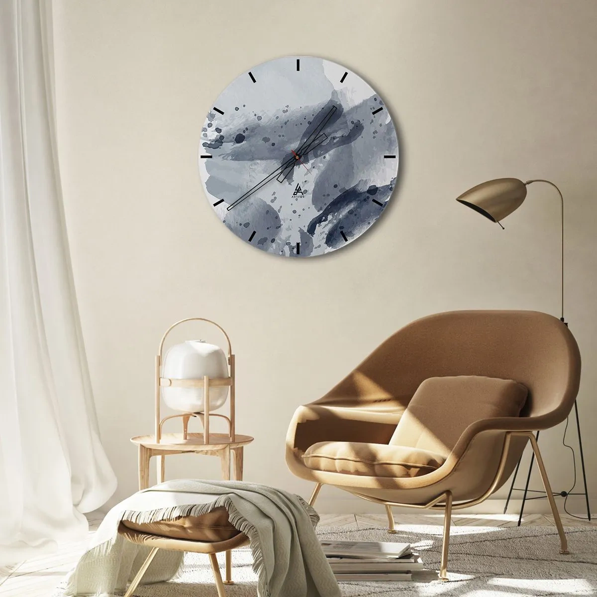 Wanduhr - Glasuhr - Blaugraue Flecken im Aquarell-Stil auf hellem Hintergrund - 30x30cm - Eine Studie über die Natur des Wassers - Moderne Wanddekoration für Wohnzimmer, Küche und Schlafzimmer ARTTOR