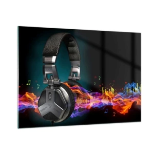 Glasbild - Bild auf glas - DJ-Kopfhörer mit bunten Schallwellen und Musiknoten - 100x70cm - Feuer der Musik - Moderne Wanddekoration für Wohnzimmer und Schlafzimmer ARTTOR