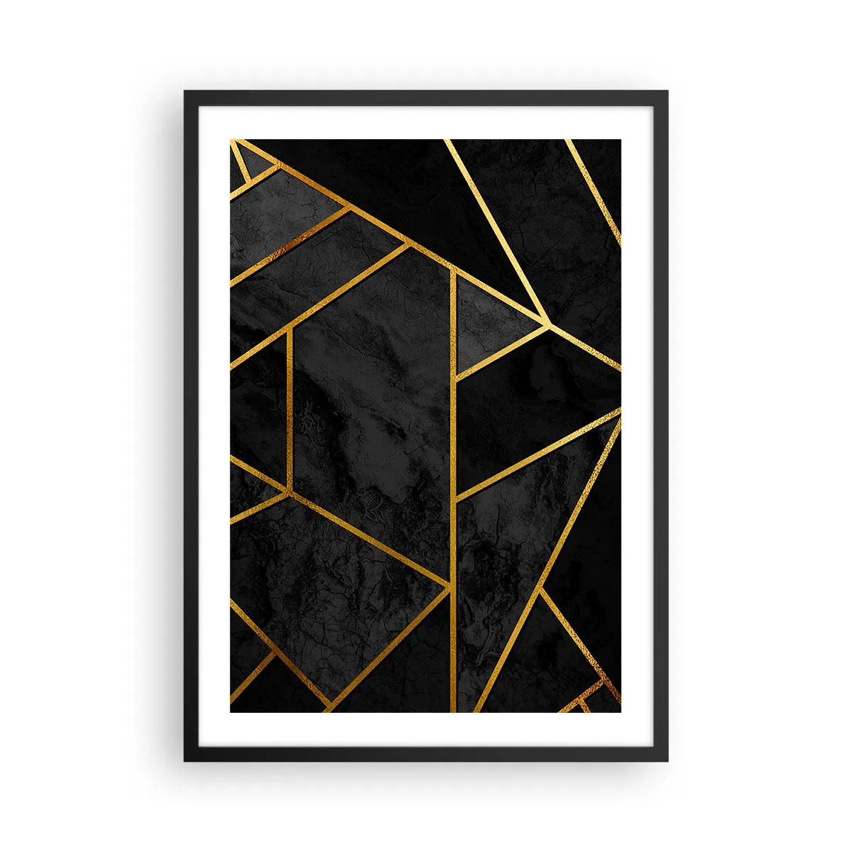 Poster in einem schwarzem Rahmen - Geometrische Muster in Gold auf schwarzem Hintergrund - 50x70cm - Dunkelheit und Glanz - Moderne Wanddekoration für Wohnzimmer und Schlafzimmer ARTTOR