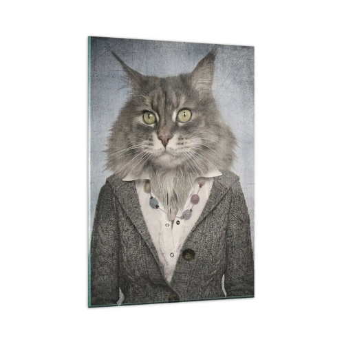 Glasbild - Bild auf glas - Ein Triptychon mit Tierfiguren in eleganter Kleidung vor stilisiertem Hintergrund - 80x120cm - Pelze sind wieder in Mode - Moderne Wanddekoration für Wohnzimmer und Schlafzimmer ARTTOR