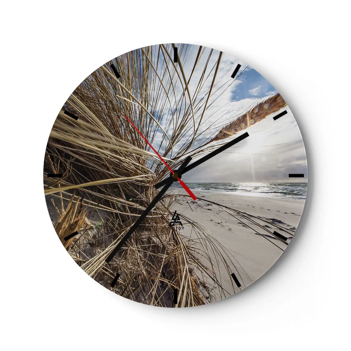 Wanduhr - Glasuhr - Strandlandschaft mit Blick durch das Gras auf das Meer - 30x30cm - Ein Treffen der Elemente der Natur - Moderne Wanddekoration für Wohnzimmer, Küche und Schlafzimmer ARTTOR