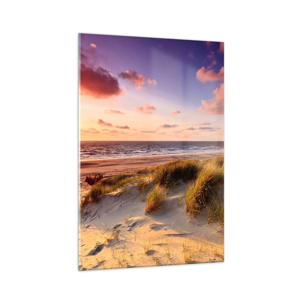 Glasbild - Bild auf glas - Ein grasbewachsener Strand und ein Sonnenuntergang über einem ruhigen Meer - 70x100cm - Die Luft riecht schon im Sommer - Moderne Wanddekoration für Wohnzimmer und Schlafzimmer ARTTOR