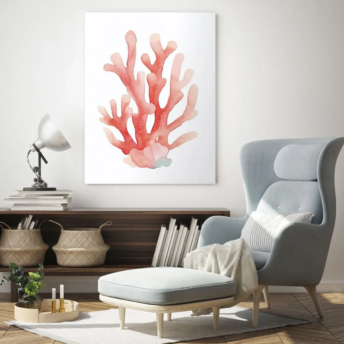 Glasbild - Bild auf glas - Aquarell rosa Koralle auf weißem Hintergrund - 50x70cm - Korallenfarbene Koralle - Moderne Wanddekoration für Wohnzimmer und Schlafzimmer ARTTOR