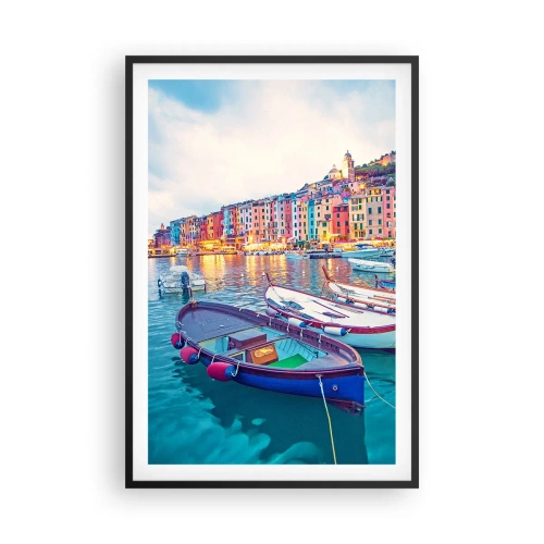 Poster in einem schwarzem Rahmen - Bunter Abend im Hafen - 61x91 cm