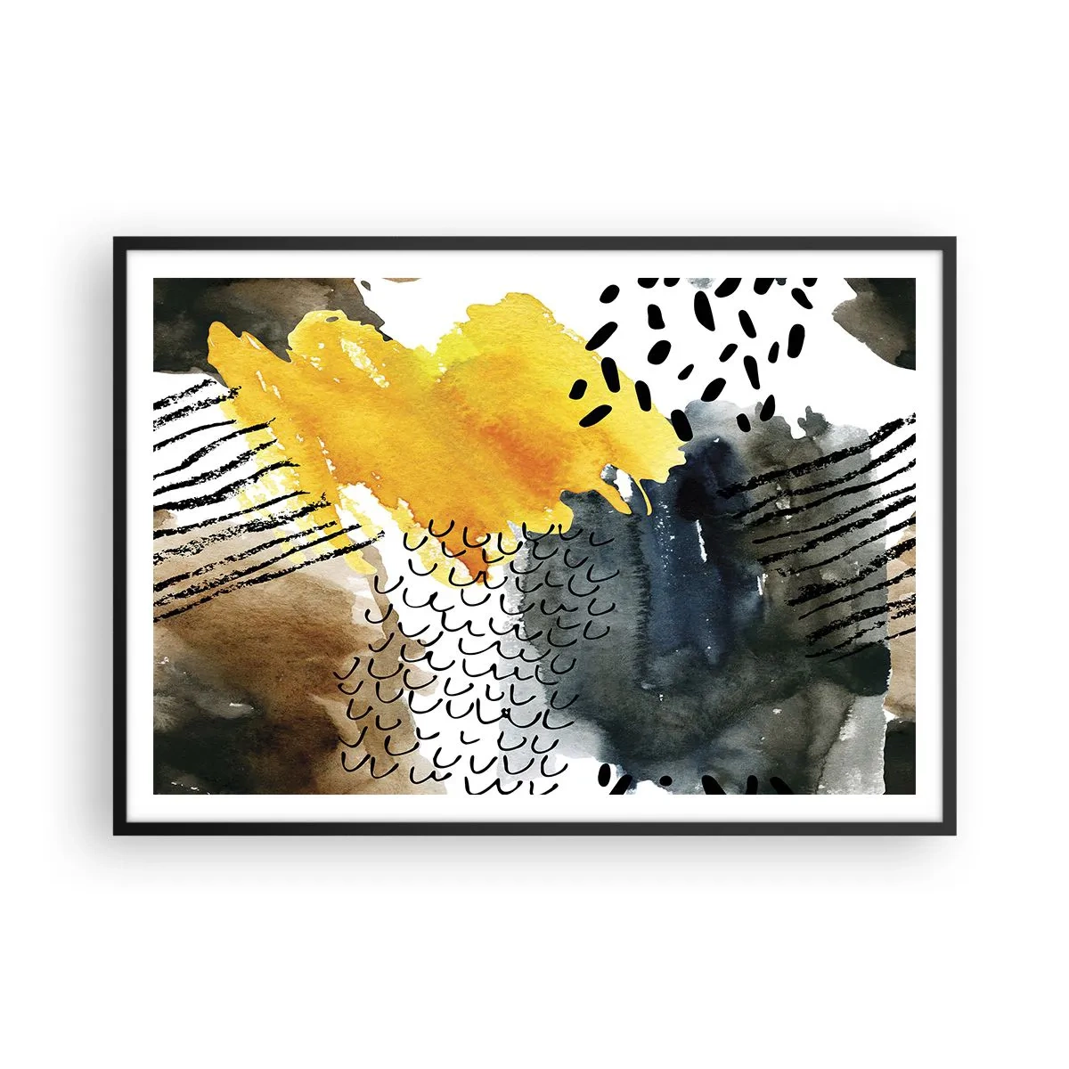 Poster in einem schwarzem Rahmen - Eine abstrakte Komposition mit gelben Akzenten und grafischen Mustern. - 100x70cm - Ein Treffen der Elemente der Natur - Moderne Wanddekoration für Wohnzimmer und Schlafzimmer ARTTOR