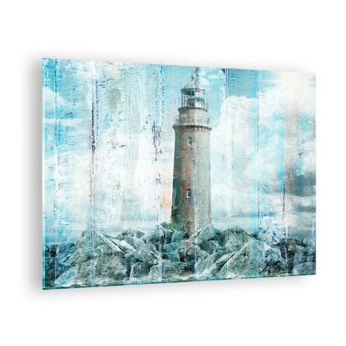 Glasbild - Bild auf glas - Vintage Leuchtturm mit Wolken im Hintergrund - 70x50cm - Auf altem Holz - Moderne Wanddekoration für Wohnzimmer und Schlafzimmer ARTTOR
