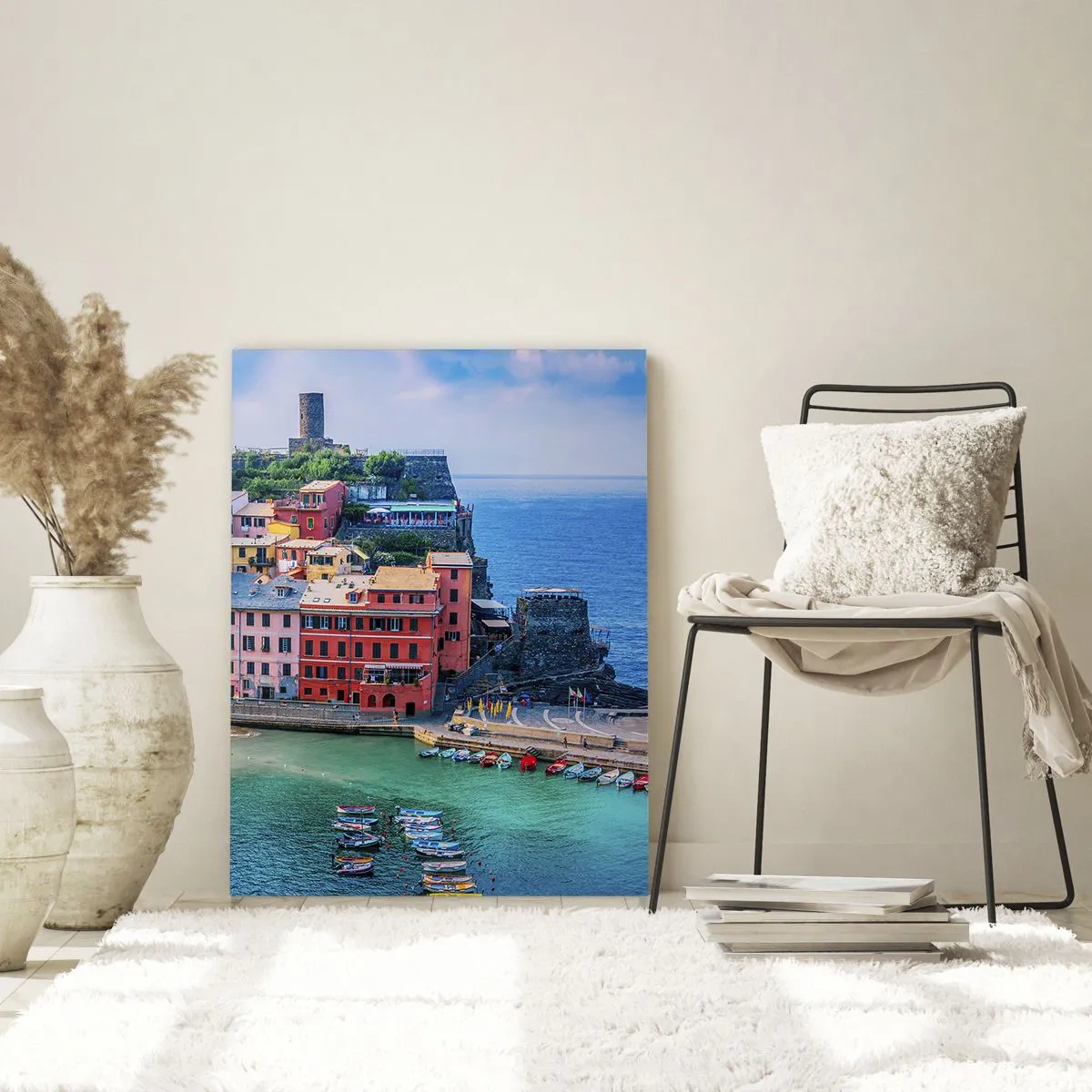 Glasbild - Bild auf glas - Eine farbenfrohe Mittelmeerstadt am blauen Meer - 50x70cm - Mediterrane Zauberstadt - Moderne Wanddekoration für Wohnzimmer und Schlafzimmer ARTTOR