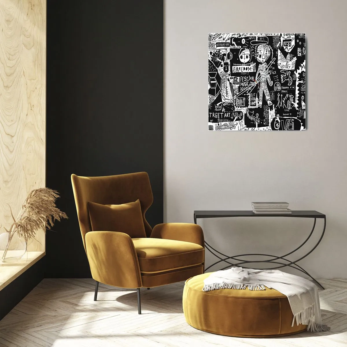 Wanduhr - Glasuhr - Von der Straßenkunst inspirierte Schwarz-Weiß-Collage - 30x30cm - Spirituelle Jugend des Gesetzes und der Freude - Moderne Wanddekoration für Wohnzimmer und Schlafzimmer ARTTOR