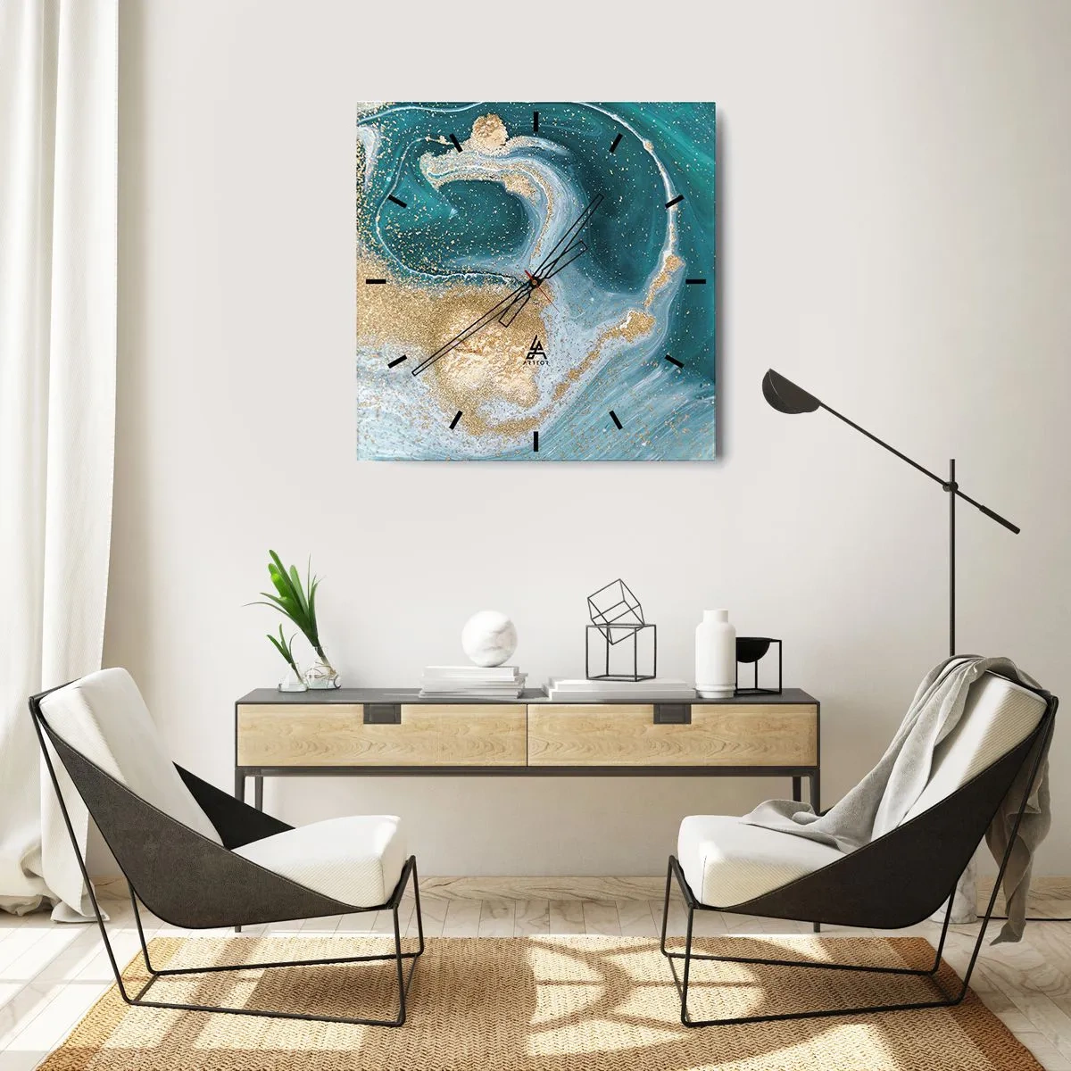 Wanduhr - Glasuhr - Ein Strudel aus Gold und Türkis - 30x30 cm