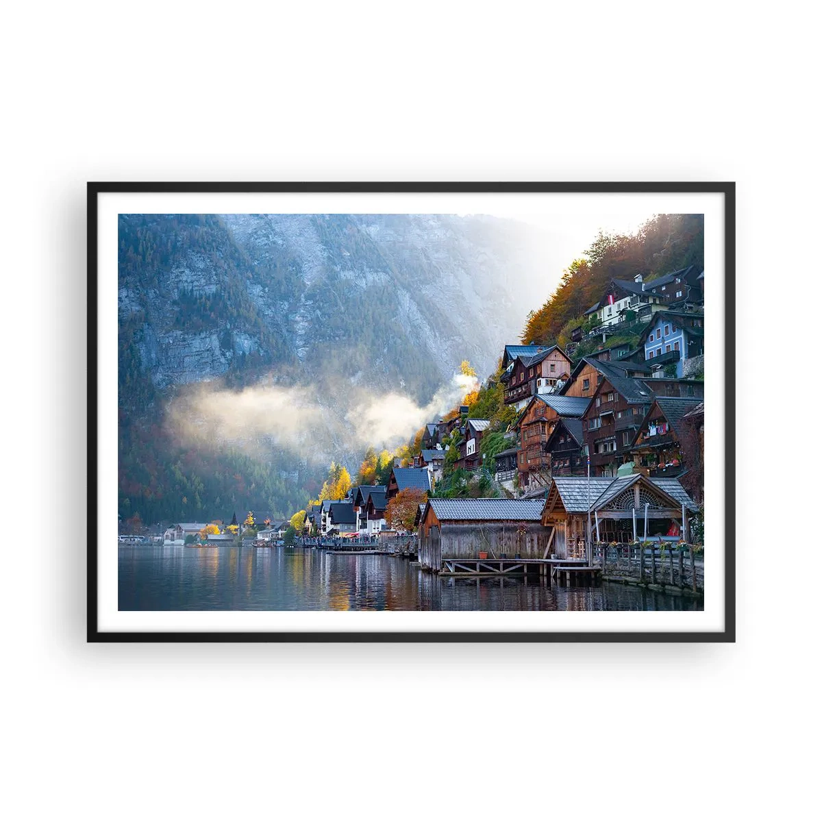 Poster in einem schwarzem Rahmen - Ein Bergdorf an einem See in herbstlicher Landschaft - 100x70cm - Alpenatmosphäre - Moderne Wanddekoration für Wohnzimmer und Schlafzimmer ARTTOR