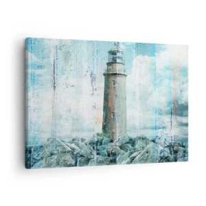 Bild auf Leinwand - Leinwandbild - Ein Leuchtturm an einer felsigen Küste in Pastellfarben - 70x50cm - Auf altem Holz - Moderne Wanddekoration für Wohnzimmer und Schlafzimmer ARTTOR