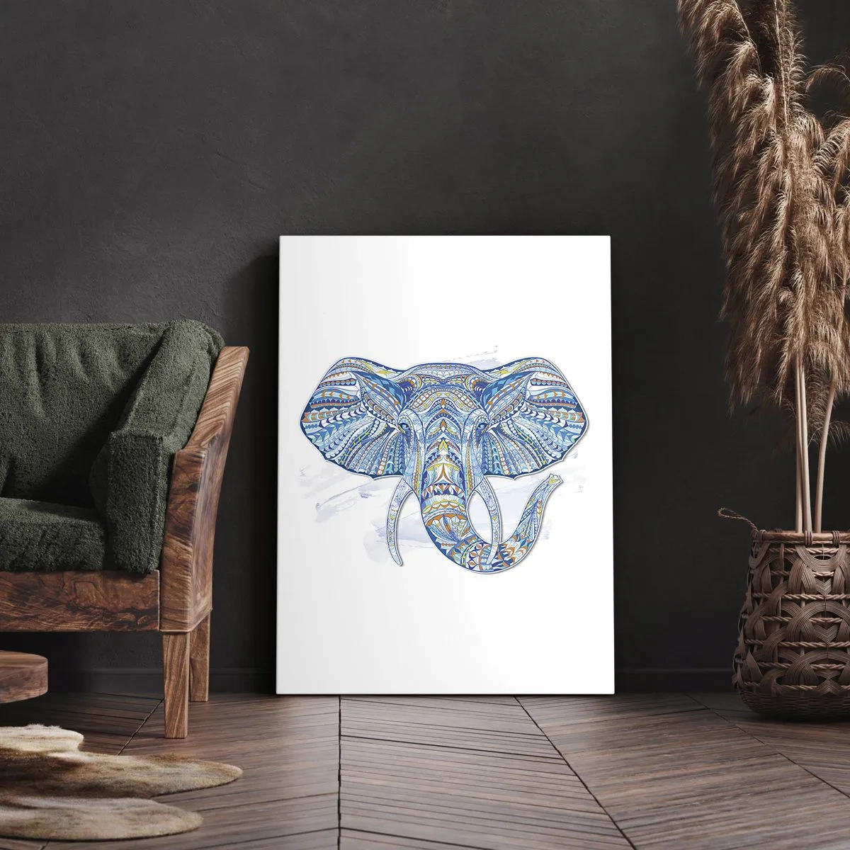 Bild auf Leinwand - Leinwandbild - Geometrischer Elefant in Blau- und Goldtönen - 50x70cm - In Gold und Blau eingelegt - Moderne Wanddekoration für Wohnzimmer und Schlafzimmer ARTTOR