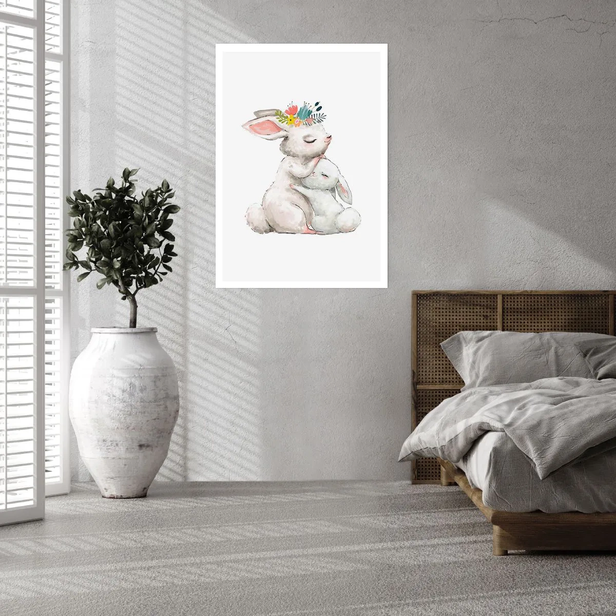 Poster - Zwei Hasen in einer Umarmung mit einem Blumenkranz auf dem Kopf - 50x70cm - Bei Mama ist's am schönsten - Moderne Wanddekoration für Wohnzimmer und Schlafzimmer ARTTOR