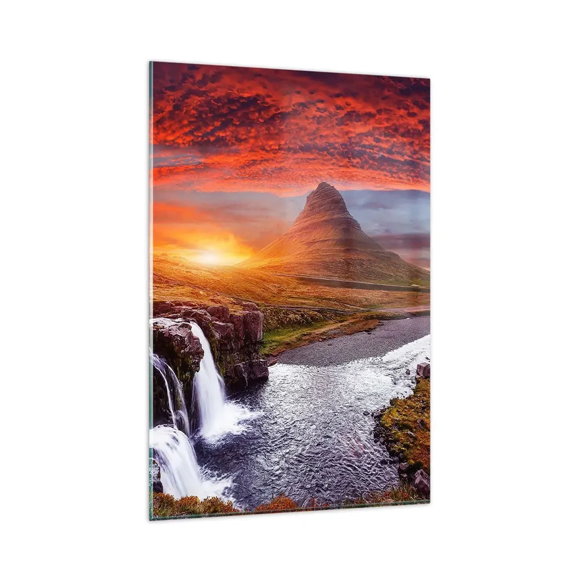Glasbild - Bild auf glas - Berglandschaft mit Wasserfall bei Sonnenuntergang - 80x120cm - Ein Blick auf Mittelerde - Moderne Wanddekoration für Wohnzimmer und Schlafzimmer ARTTOR