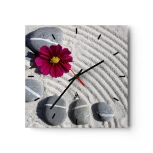 Wanduhr - Glasuhr - Steine und eine rosa Blume auf dem Sand im Zen-Stil - 30x30cm - Energie und Ruhe des Zauberkreises der Natur - Moderne Wanddekoration für Wohnzimmer und Schlafzimmer ARTTOR